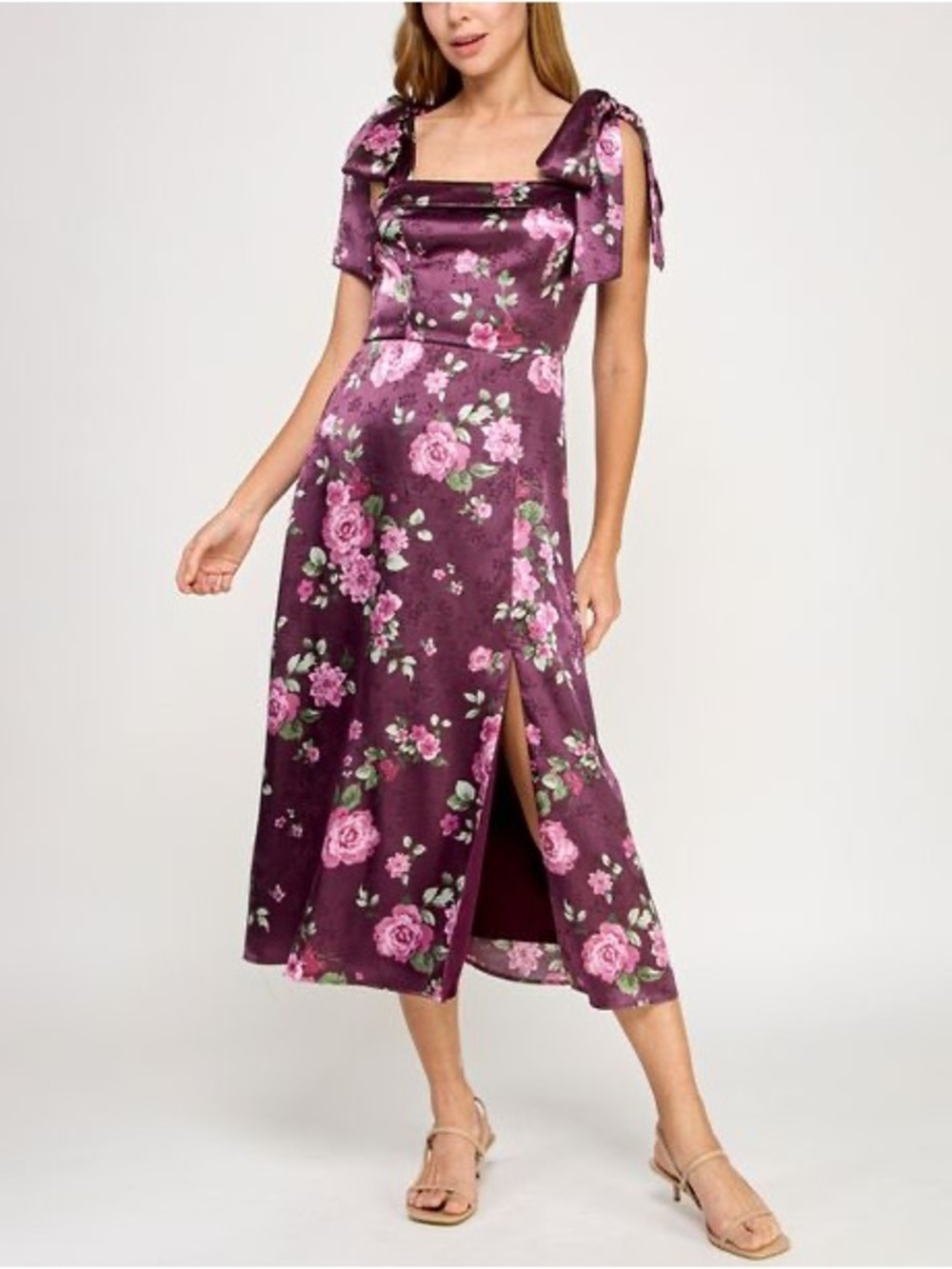 Square-Neck Floral Midi Dress with Tie Shoulder in Plum p2P 18in/L 42in